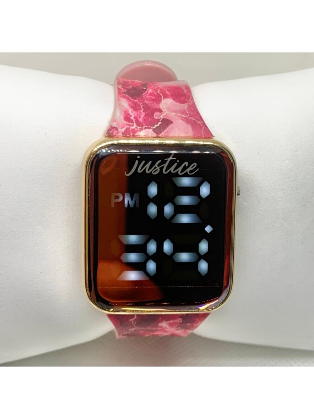 Justice women’s watch digital LCD quartz gold tone 34mm pink silicone running